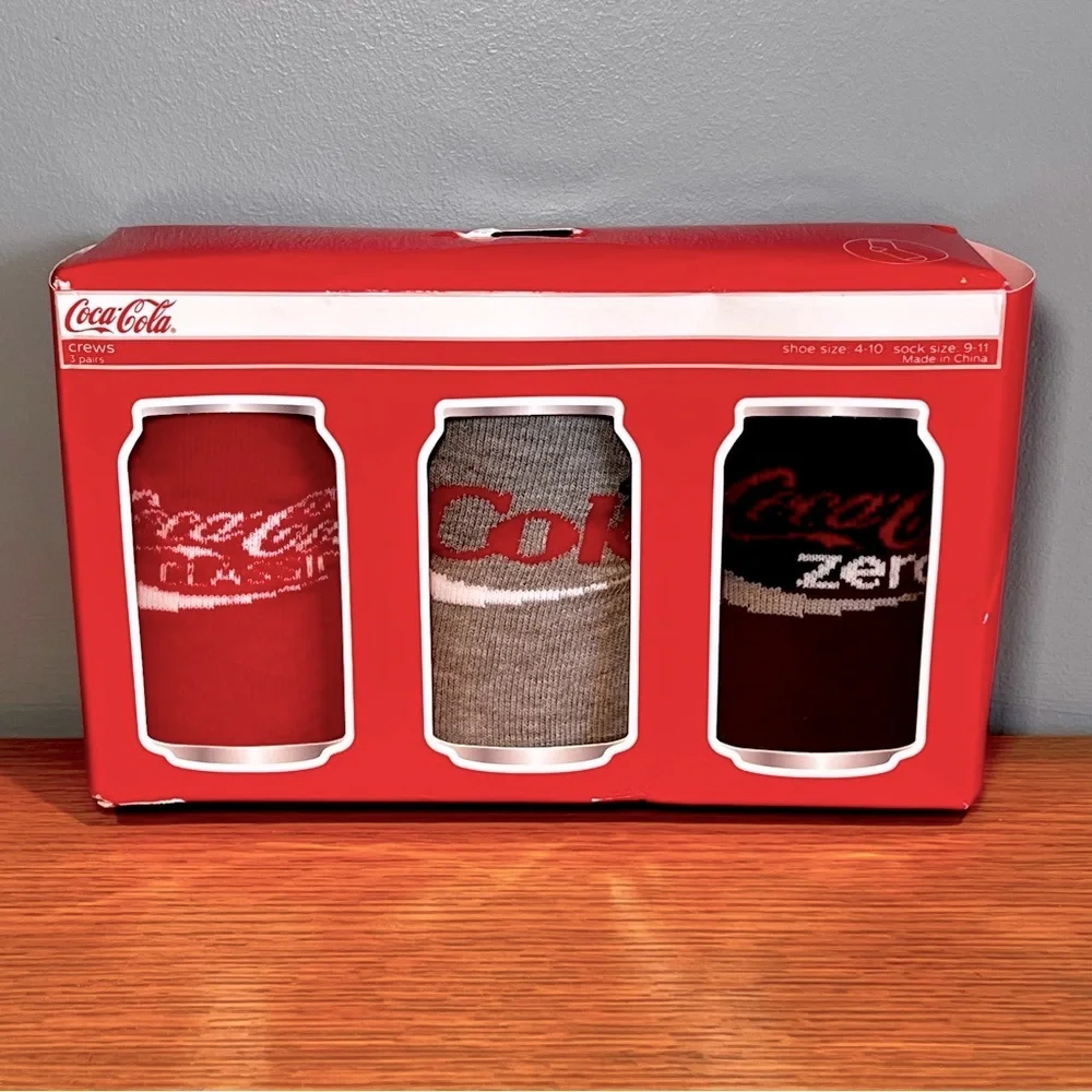 COCA COLA Crew Socks 3 Pack Gift Box Classic Diet Coke Zero NWT Size 4 -10